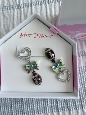 Betsey Johnson Iridescent Bow, Purple Football & Crystal Heart Dangle Earrings